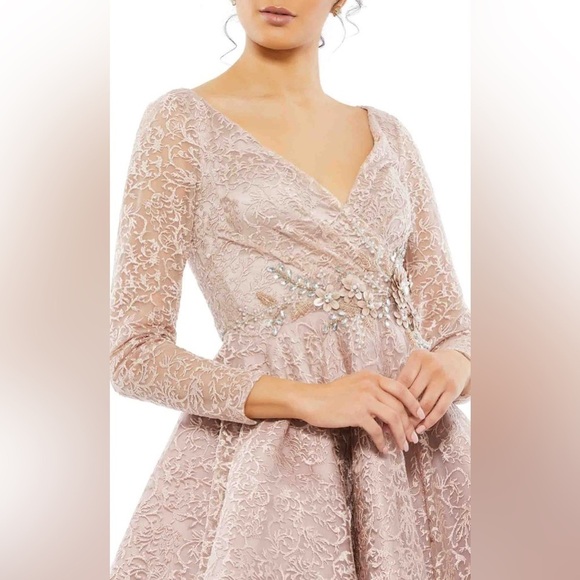 Mac Duggal 11218 NWT Long Sleeve Tea Length Dress with Embellished Waist - Picture 3 of 7